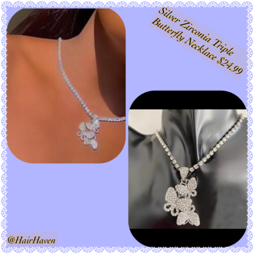 Silver Zirconia triple butterfly necklace