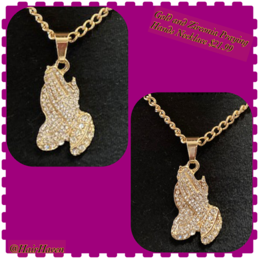 Gold and zirconia praying hands necklace